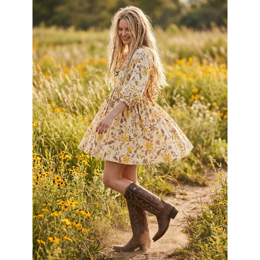Free People Western Bohemian Dainty Lola Dress Banana Ivory Large